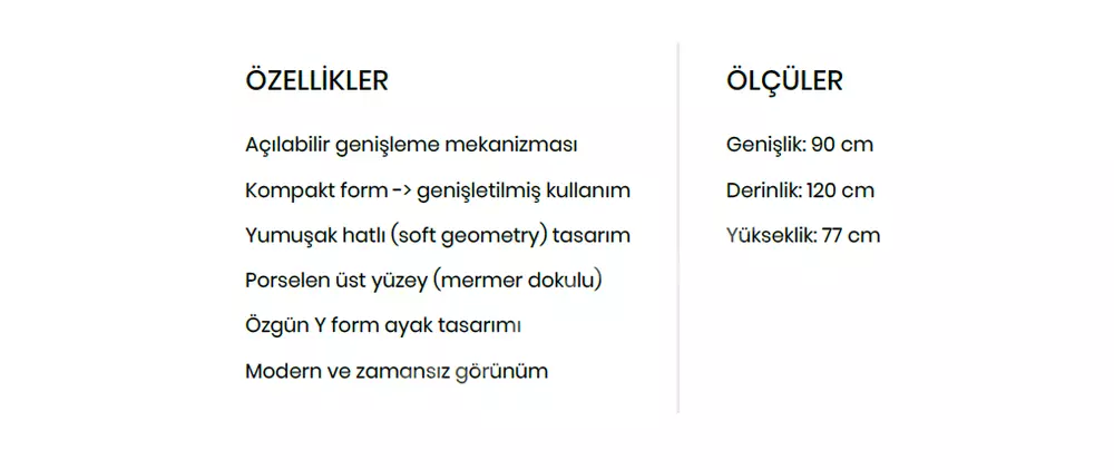 Petra Dikdörtgen Porselen Kademeli Açılır Masa