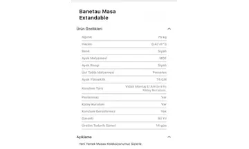 Banetau Porselen Kademeli Açılır Masa