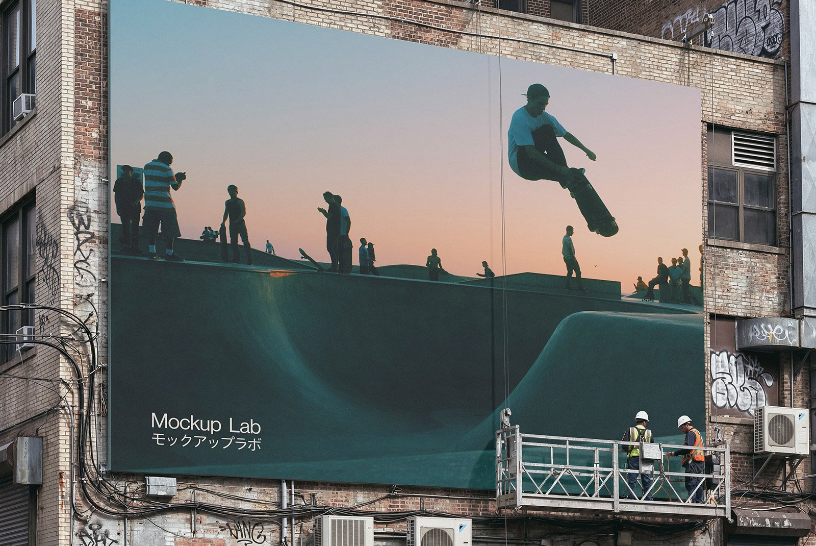 Large billboard mockup on a building facade, viewed from a slightly low angle.