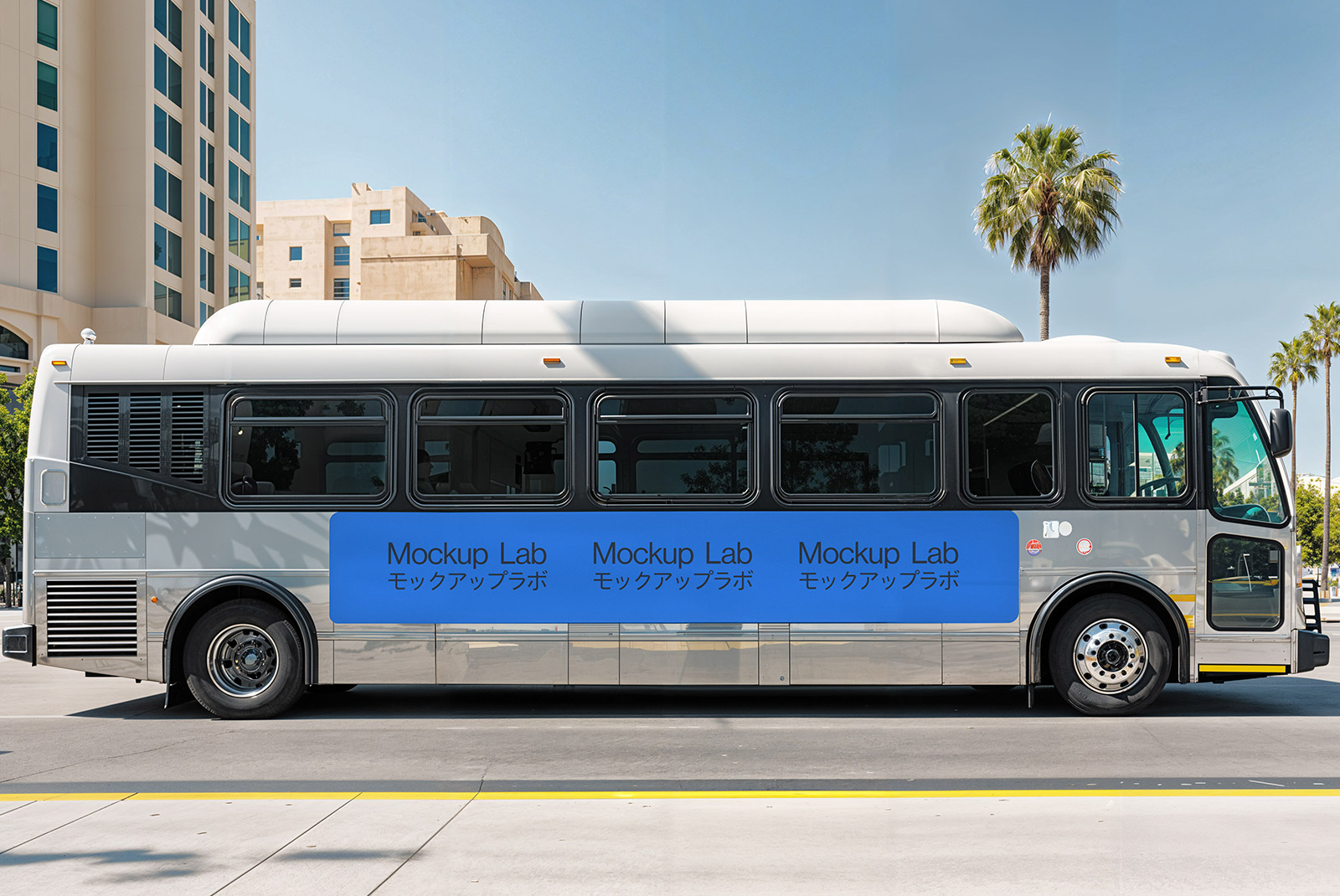 Front three-quarter view of the Bus 02ML mockup parked on a city street.