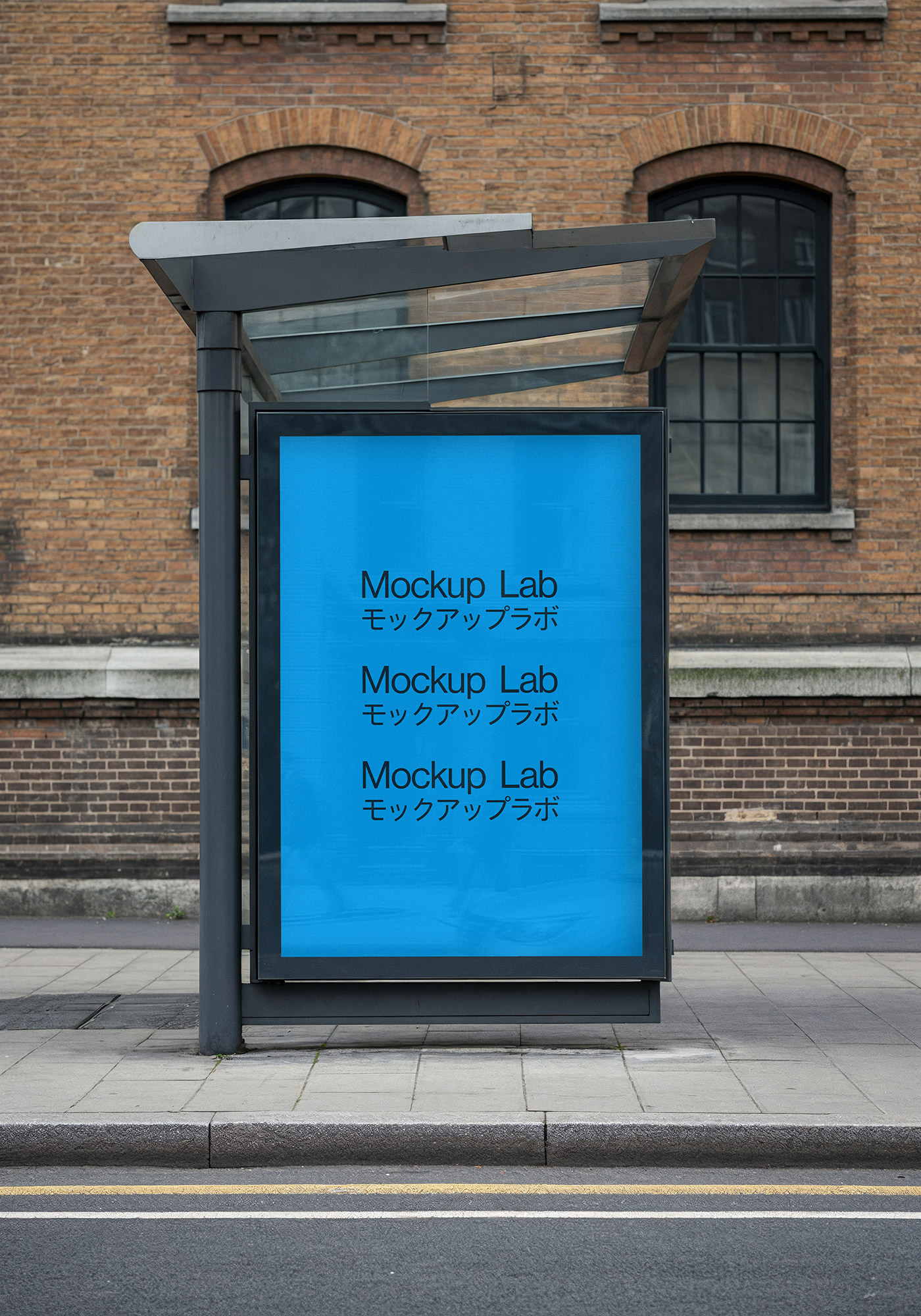 Front view of a bus stop mockup with a large advertising panel, set against an urban background.