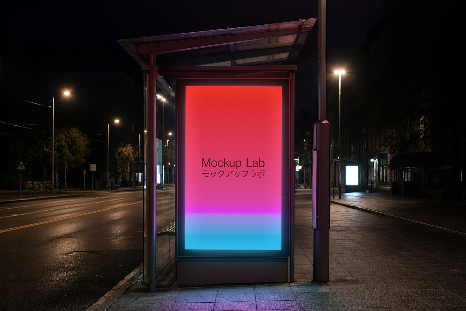 Front view of a bus stop shelter with a large advertising poster display.