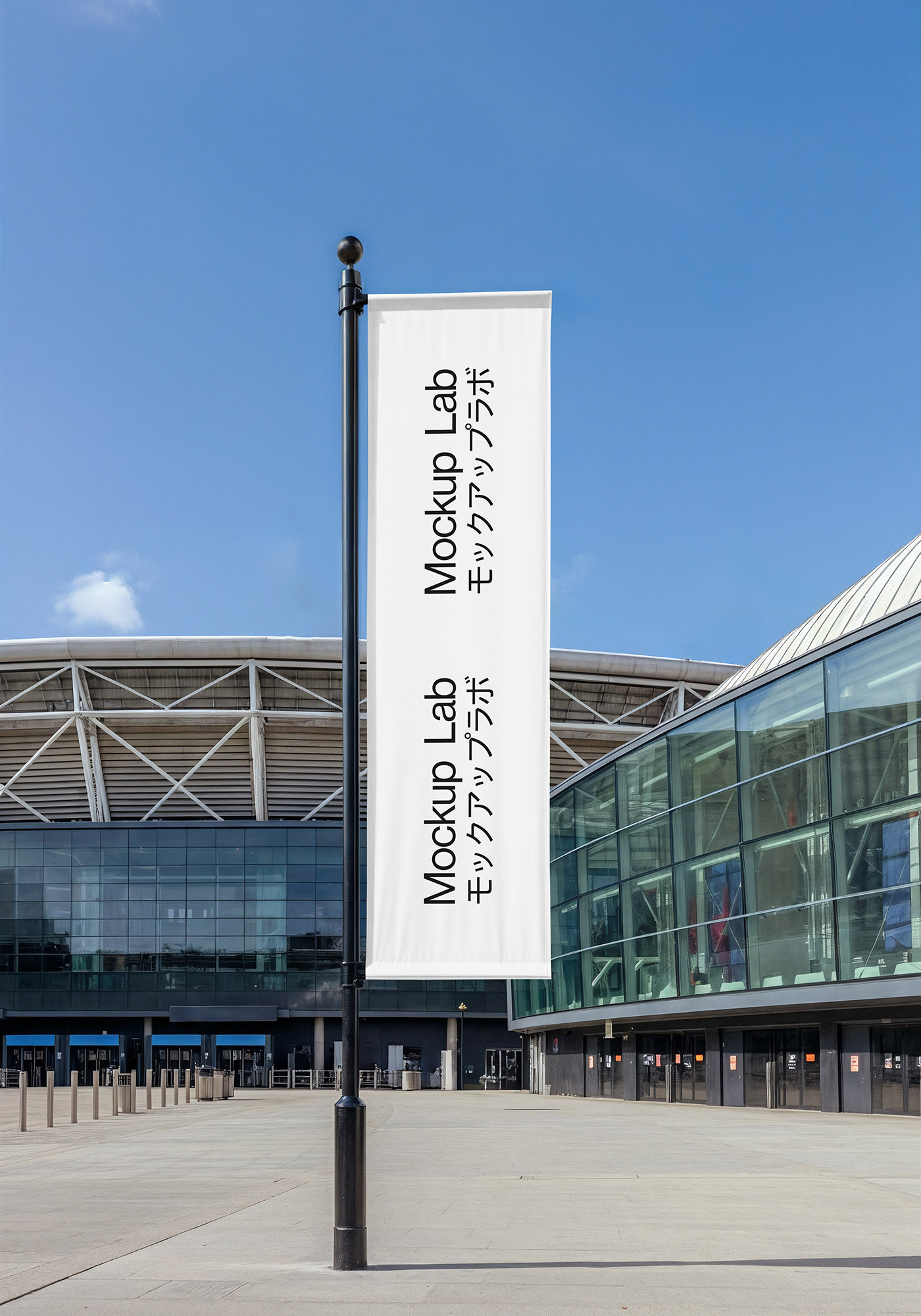 A flag mockup with a white design, viewed from a slightly low angle against a clear sky.