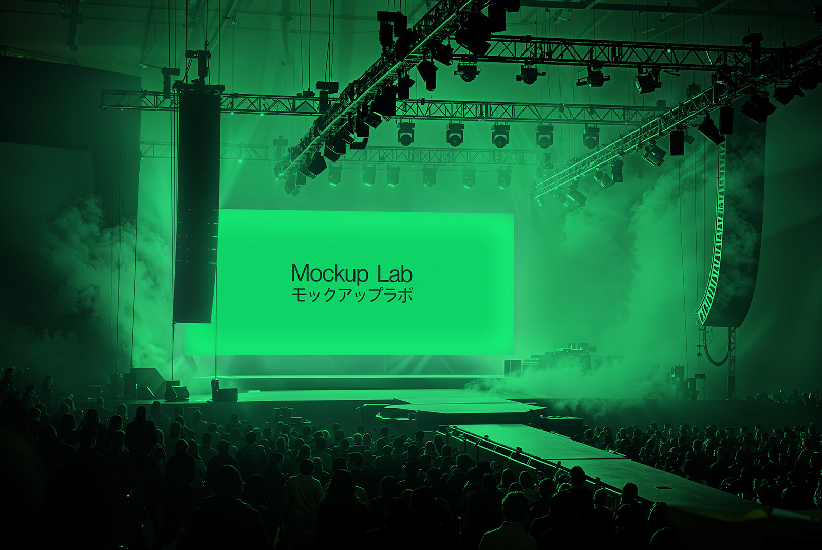 Front view of a large outdoor stage with a blank screen for design display.