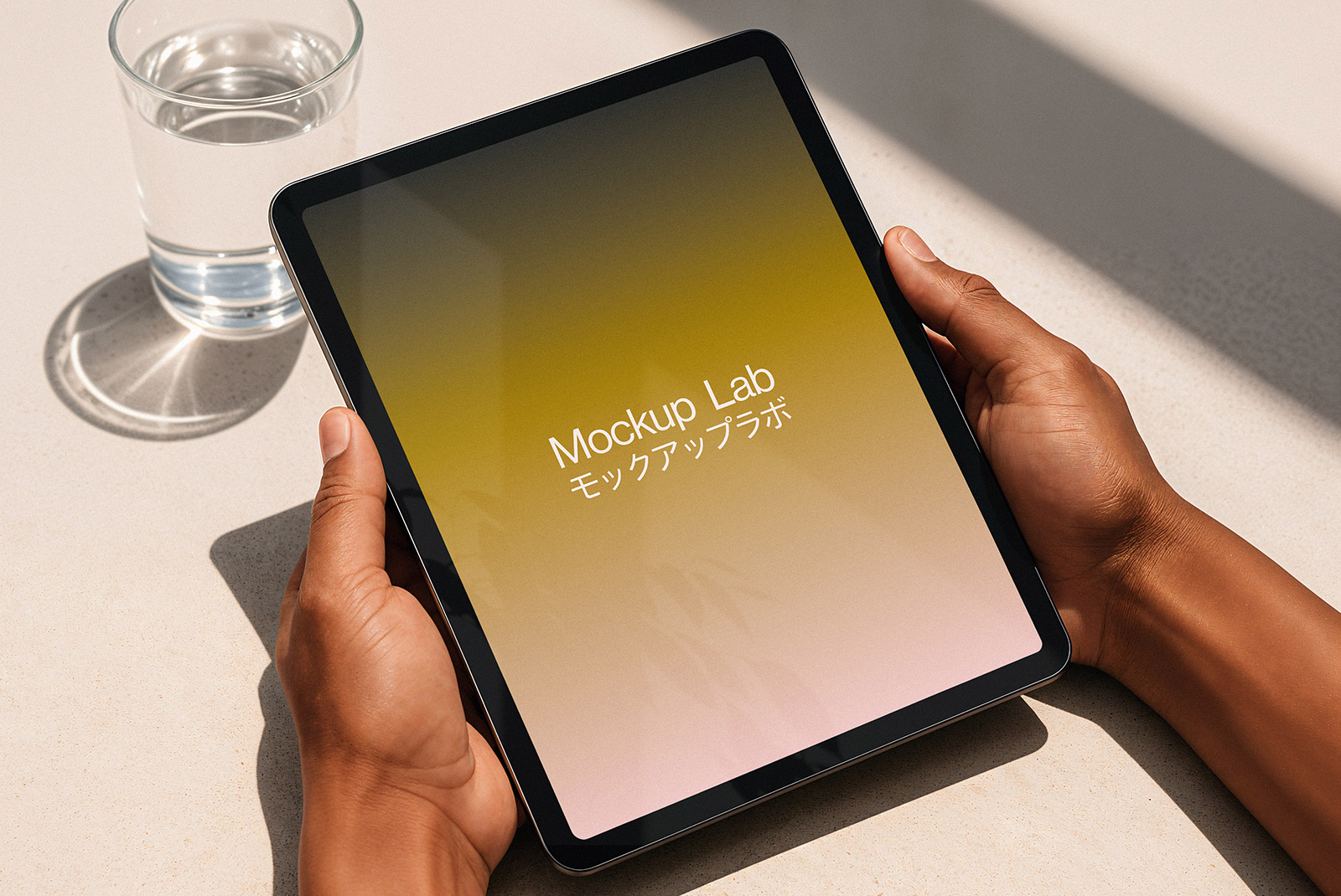 Front view of a tablet mockup displaying a website interface on a clean background.