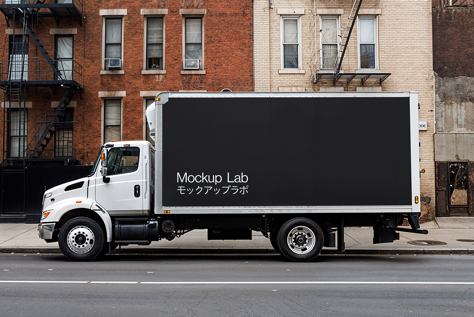 Side view of a white cargo van mockup parked on a clean, minimalist background.