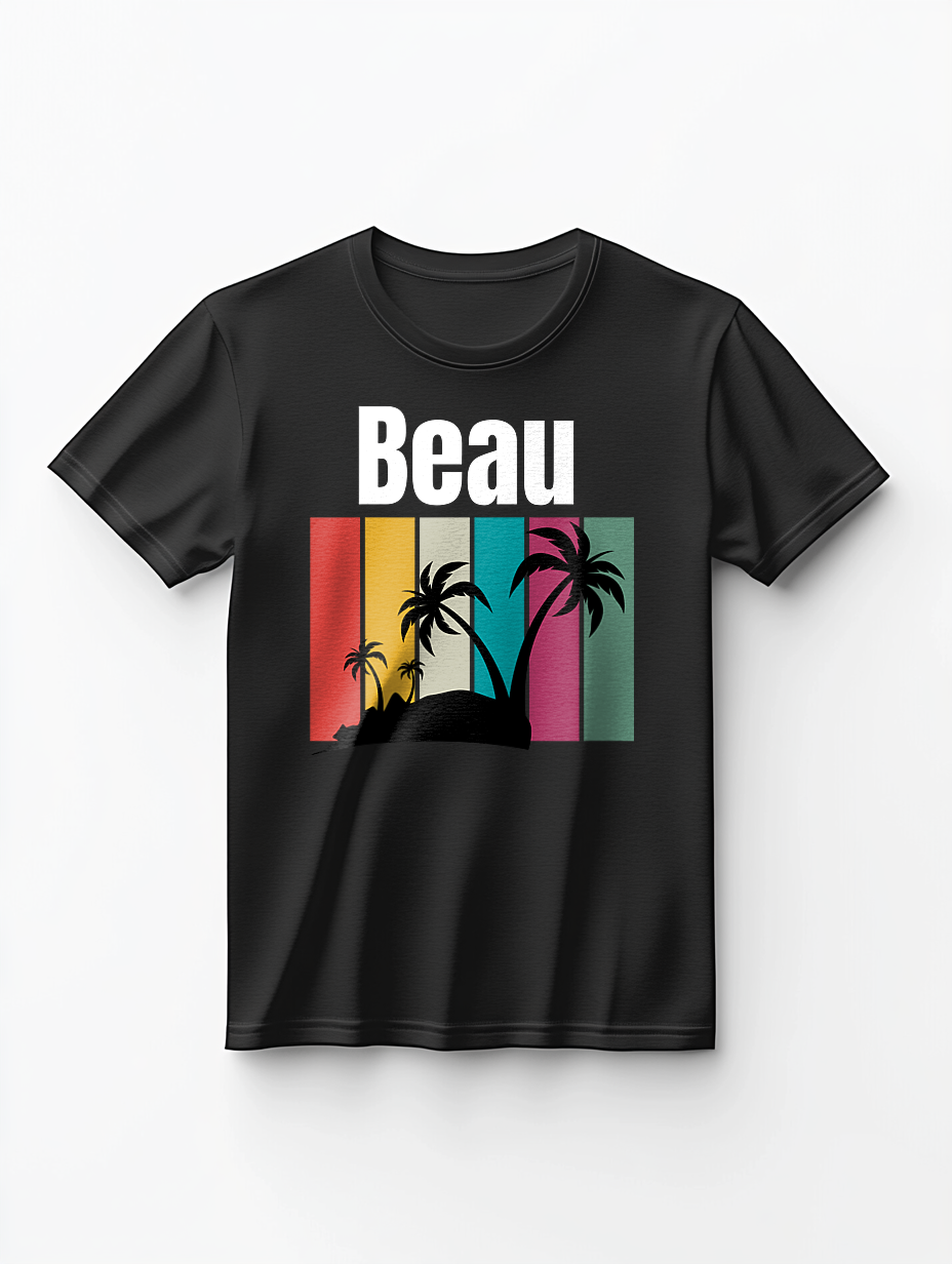 Personalized BEAU's Retro-Inspired Rainbow Stripe Tee with Palm Trees