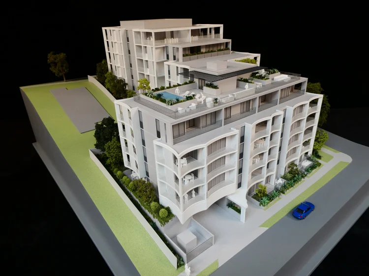 97 Swann Rd / Developer: Made & Crafted / Architect: Rothelowman / Style: 1:100 Full Colour Marketing Model / Materials: Back-sprayed acrylic glazing; laser cut and hand-crafted acrylic building elements; detailed landscaping and ground works.