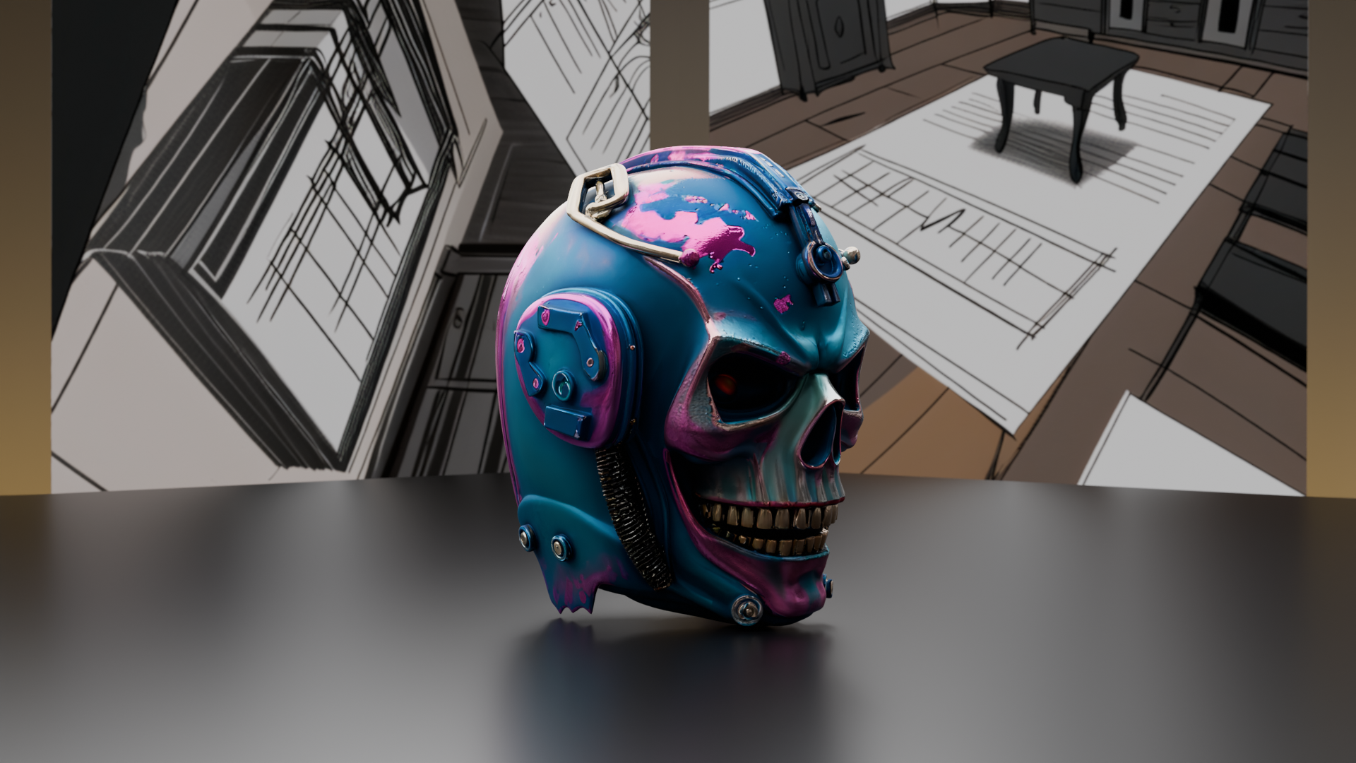 Pink and Blue Skull Helmet