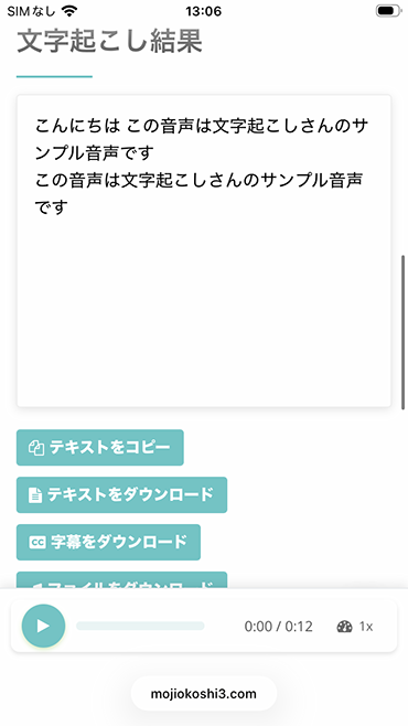 文字起こしの結果が表示される