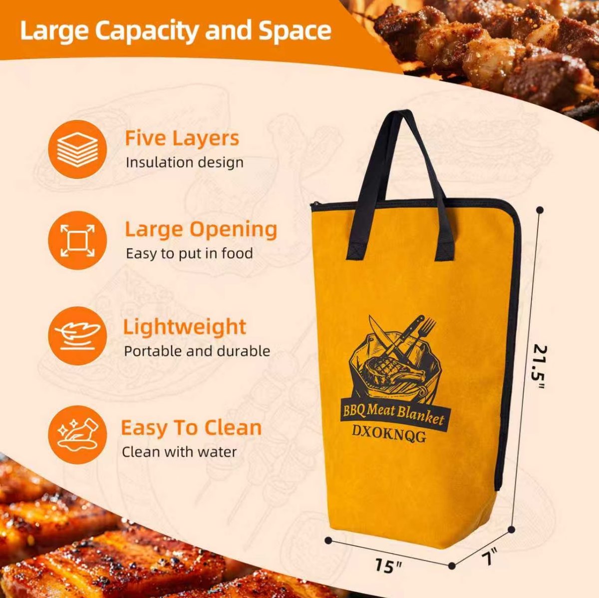 Infographic slide showing product dimensions and key features like five layers, large opening, lightweight, and easy to clean