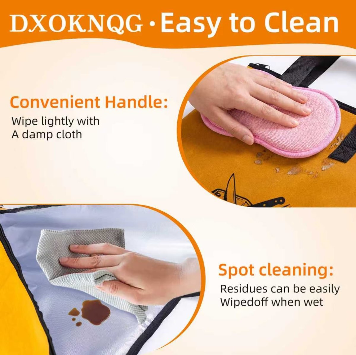 Easy to clean demonstration showing how to wipe the product with a damp cloth and spot-clean residues