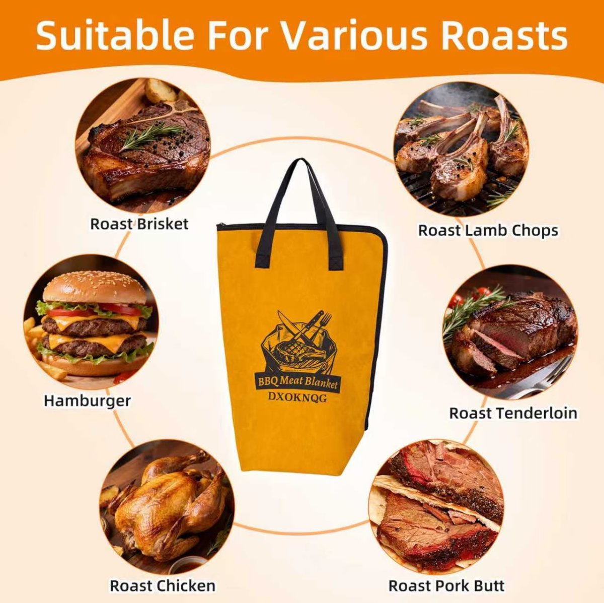 Product shown suitable for various roasts including brisket, lamb chops, hamburger, chicken, pork butt, and tenderloin