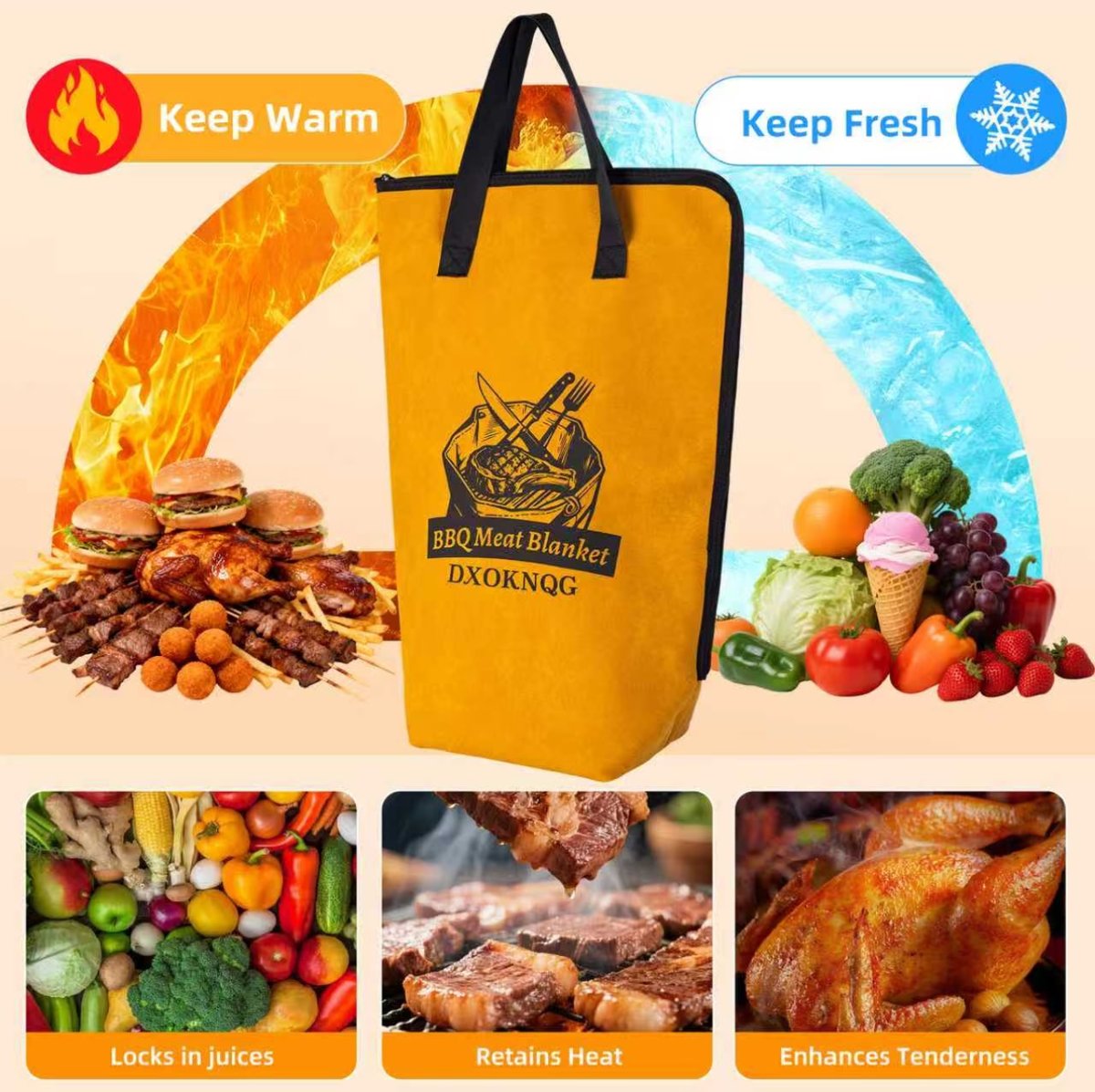 Benefit graphic showing the product keeps food warm and fresh, with icons for locking in juices, retaining heat, and enhancing tenderness