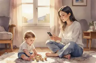 A young mother sitting cross-legged on a cozy living room floor at dusk, soft golden light streaming through a window, her toddler playing with wooden toys beside her while she holds a smartphone with a gentle, thoughtful expression, warm pastel tones, peaceful domestic atmosphere, watercolor style