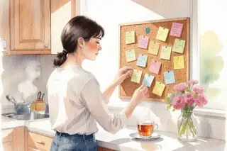 A mother standing at a kitchen counter in bright morning sunlight, organizing colorful sticky notes on a cork board, a steaming cup of tea beside her, fresh flowers in a vase, her expression focused and calm, vibrant warm colors, sense of clarity and purpose, watercolor illustration