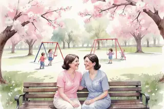 Two mothers sitting together on a park bench under a blooming cherry tree in spring, laughing and chatting while their children play on swings in the background, soft afternoon light filtering through pink blossoms, joyful and supportive atmosphere, pastel watercolor tones