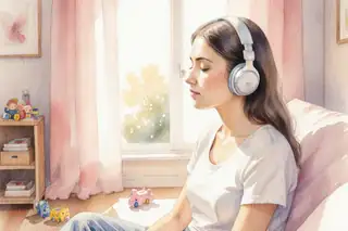 Watercolor illustration showing a young mother with headphones, eyes gently closed, sitting in a sunlit corner of a cozy living room with soft afternoon light streaming through sheer curtains, warm golden and pastel pink tones, peaceful expression, baby toys scattered nearby, gentle shadows, intimate close-up perspective at eye level, shallow depth of field creating dreamy bokeh, capturing a moment of emotional relief and calm, tender and hopeful atmosphere, delicate brush strokes with flowing color transitions
