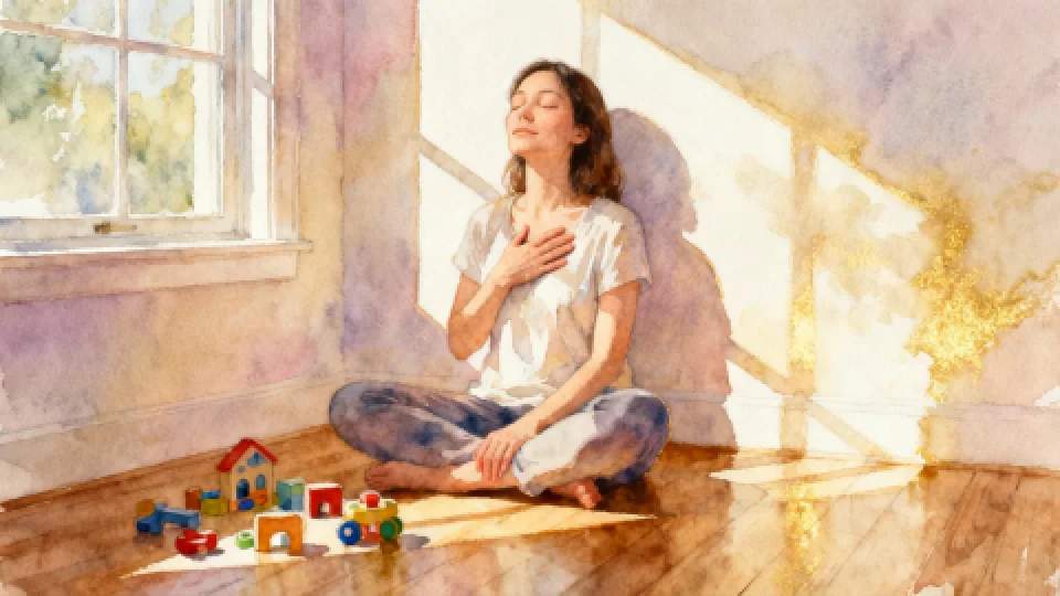 Watercolor scene of a mother sitting cross-legged on a sunlit wooden floor beside a window with soft morning light, eyes gently closed, one hand on her chest, surrounded by scattered toys, pastel tones, peaceful atmosphere, gentle shadows. Pure Gold.