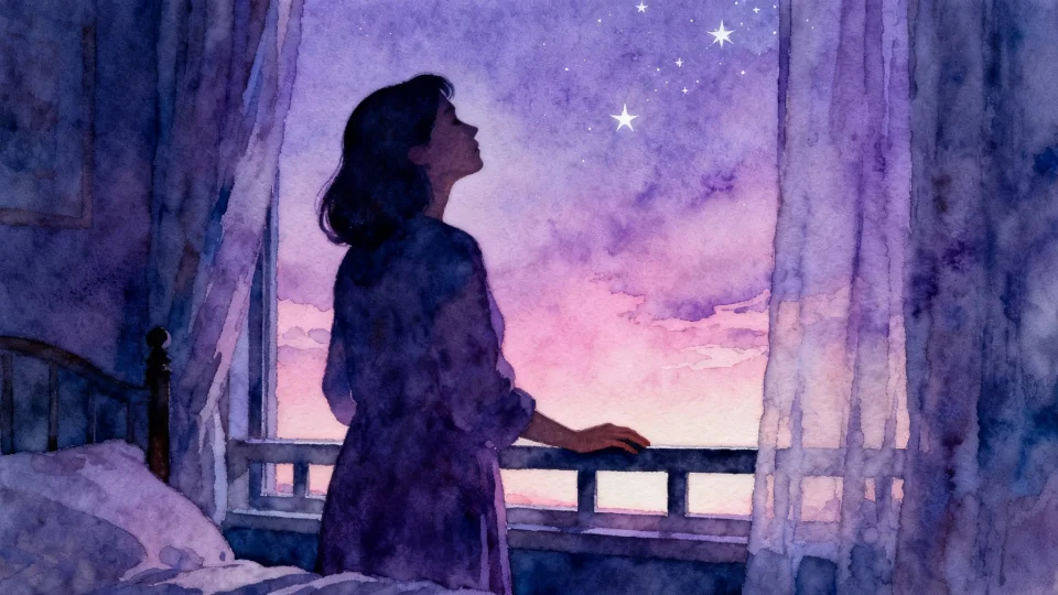 Watercolor illustration of a mother standing at a bedroom window at twilight, silhouette against soft purple-pink sky, hand on window frame, breathing deeply, stars beginning to appear, calm contemplative atmosphere, cool tones