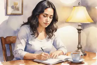 Watercolor scene showing a Latina mother with wavy dark hair sitting at a wooden kitchen table in evening light, writing in a notebook with a cup of tea beside her, soft yellow lamplight creating a warm glow, her expression focused but relieved, painted with delicate shadows and gentle color gradients, atmosphere of clarity and self-care