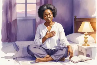 Soft watercolor illustration of an African mother sitting cross-legged on a cozy bedroom floor at twilight, warm golden lamplight casting gentle shadows, her eyes closed peacefully with one hand on her heart, a small gratitude journal open beside her, delicate purple and amber tones blending in loose brushstrokes, serene atmosphere of quiet reflection and emotional release