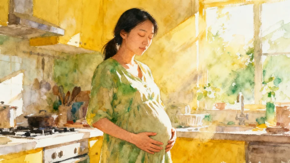 Expressive watercolor of an Asian mother standing in a sunlit kitchen at midday, eyes gently closed with both hands placed on her belly, warm yellow and soft green tones swirling around her, kitchen slightly blurred in background, brushstrokes conveying movement and breath, atmosphere of grounding and conscious pause amidst daily chaos