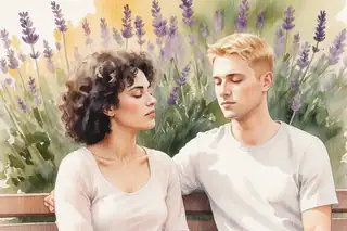 Watercolor scene of a couple sitting side by side on a garden bench at golden hour, woman with dark curly hair, man with short blonde hair, both breathing in sync with eyes gently closed, warm amber and soft green tones, 35mm reportage feel with natural composition, medium shot from slightly low angle, deep depth of field showing blooming lavender bushes in background, peaceful co-regulation moment, flowing watercolor textures suggesting calm rhythm