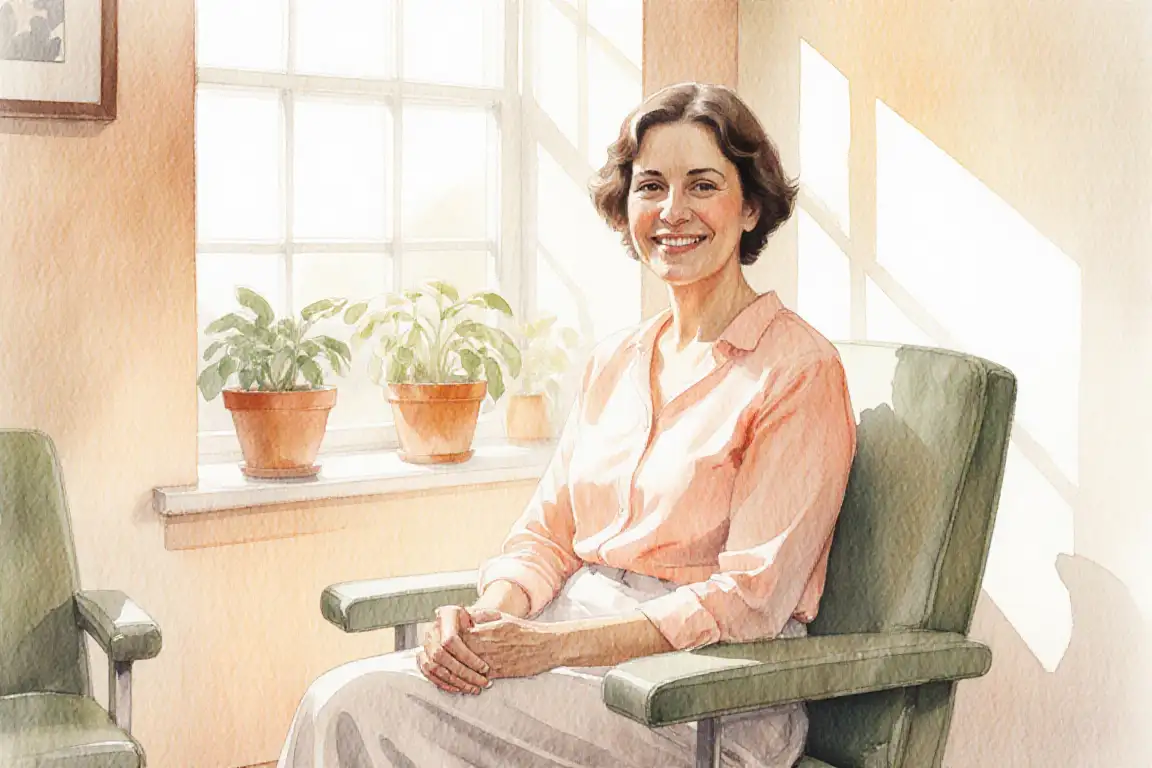 Watercolor illustration of an expectant mother sitting in a cozy morning-lit waiting room, soft golden sunlight streaming through large windows, she holds her hands gently on her belly with a peaceful smile, warm peach and cream tones, potted plants on windowsill, comfortable armchair in sage green, hopeful and serene atmosphere, medium shot from slightly elevated angle, shallow depth of field, 35mm reportage feel, gentle shadows creating depth, intimate and reassuring mood