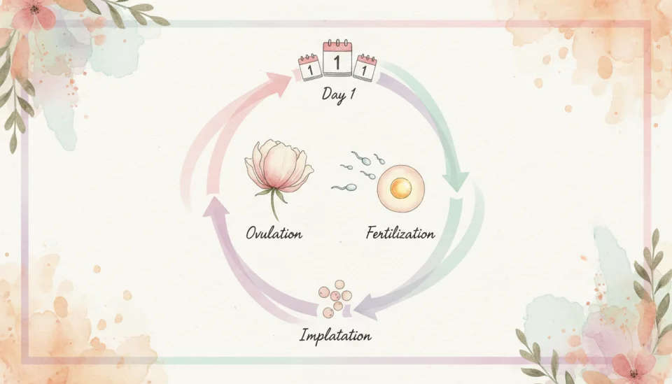 Watercolor illustration showing a gentle, educational diagram of the menstrual cycle and conception timeline. Soft circular flow chart with delicate hand-drawn elements: calendar pages, a blooming flower representing ovulation, tiny sperm cells swimming toward an egg cell, all connected by flowing ribbons in soft pink, lavender, and mint green. Clean, modern infographic style with handwritten labels in English: "Day 1", "Ovulation", "Fertilization". Warm, reassuring color palette. Wide composition, 35mm documentary feel, approachable and informative.