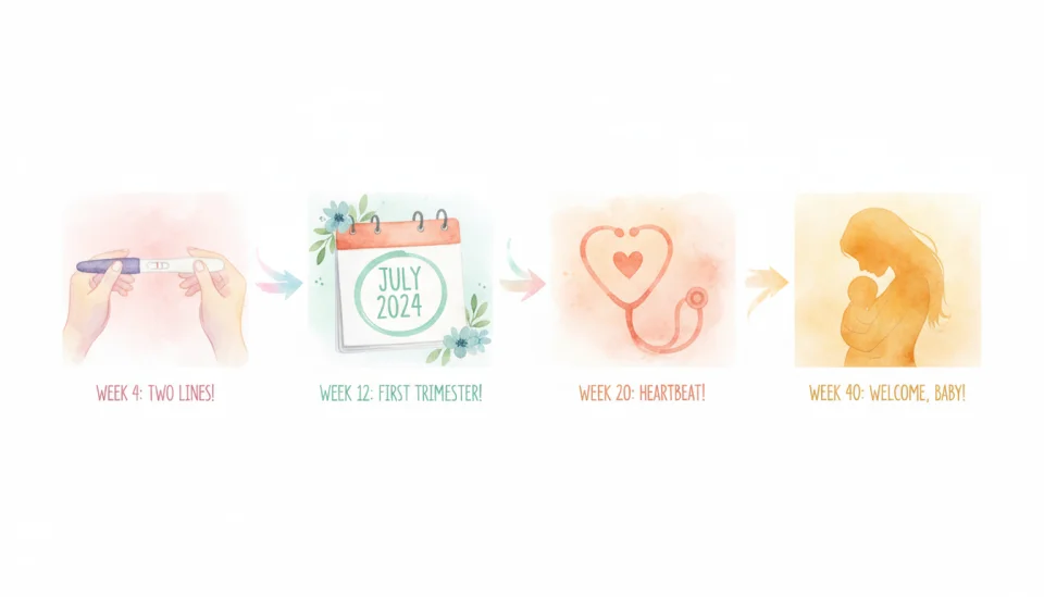 Watercolor illustration showing a step-by-step visual panel layout, four connected squares in soft pastel colors depicting pregnancy journey milestones, first panel shows positive test with gentle pink glow, second shows calendar with circled date in mint green, third shows stethoscope and heart symbol in coral, fourth shows mother and baby silhouette in golden yellow, connecting arrows in delicate watercolor wash, informative yet artistic style, flat lay perspective, even lighting, educational and encouraging mood, conceptual timeline visualization