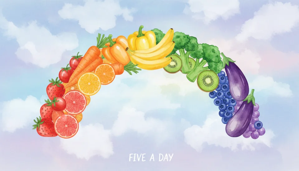 Whimsical watercolor illustration showing a rainbow arc made entirely of fresh fruits and vegetables arranged by color - red strawberries and tomatoes, orange carrots and citrus, yellow peppers and bananas, green broccoli and kiwi, blue blueberries, purple eggplant - floating against soft cloudy sky background, gentle morning light, playful and educational composition, wide 24mm lens perspective, vibrant saturated colors, joyful and inspiring mood, small text overlay reading FIVE A DAY in handwritten style