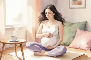 Watercolor illustration of a pregnant woman with flowing dark hair sitting cross-legged on a soft cream-colored yoga mat in a sunlit corner of a cozy living room, morning golden light streaming through sheer curtains, her hand gently resting on her small baby bump, surrounded by soft pastel pillows in blush and sage green, a steaming cup of herbal tea on a wooden side table, peaceful expression, warm and hopeful atmosphere, soft brushstrokes, gentle color palette of warm beige, soft peach, muted lavender