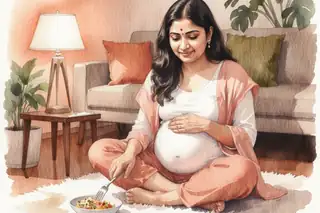 Watercolor portrait of a pregnant South Asian woman in week 34, sitting cross-legged on a soft rug in her living room, one hand gently resting on her belly, the other holding a fork over a small nourishing bowl of food, warm evening light from a nearby lamp, expression of contentment and self-awareness, soft focus background with plants and cushions, painted in warm terracotta, soft peach and muted olive tones, intimate medium shot from eye level, gentle and empowering mood, celebrating intuitive eating and self-care