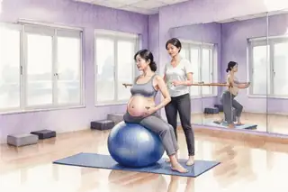 Watercolor scene showing pregnant Asian woman on exercise ball in pilates studio, wearing comfortable workout clothes, performing gentle pelvic tilts, instructor beside her demonstrating posture, studio has large mirrors and soft natural light from frosted windows, calming atmosphere with lavender and cream tones, wide angle view capturing spacious room, deep depth of field, empowering and focused mood
