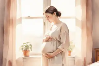 Watercolor illustration of a pregnant woman in her second trimester standing in warm morning sunlight by a bedroom window, gently holding her rounded belly, wearing a flowing oversized cream linen dress, soft peachy-golden light streaming through sheer curtains, potted plants on the windowsill, serene and hopeful atmosphere, painted in delicate pastel tones with gentle brush strokes, intimate medium shot from a slightly low angle suggesting growth and anticipation, shallow depth of field focusing on her peaceful expression