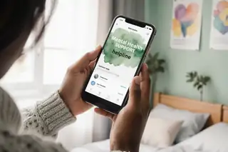 A close-up of caring hands holding a smartphone with the screen showing a mental health support app or helpline, soft natural light from a window, the hands belong to a person with medium brown skin wearing a cozy knitted sweater, in the blurred background a teenage bedroom with posters and plants, watercolor style with gentle brushstrokes, calming palette of sage green, soft grey, and warm beige, the composition conveys hope and the availability of help, shallow depth of field with focus on the supportive gesture, 85mm portrait lens feel