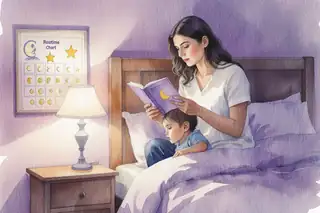 Watercolor scene showing a peaceful bedroom at dusk, a Portuguese mother sitting on the edge of the bed reading a bedtime story to her young child, soft bedside lamp glowing, a simple routine chart visible on the wall with moon and star symbols, atmosphere of security and calm, warm palette of lavender and soft amber, low angle shot creating intimacy, deep depth of field showing the cozy safe space
