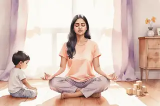 Soft watercolor illustration in warm peach and lavender tones: A young South Asian mother sitting cross-legged on a sunlit wooden floor in a cozy living room, eyes gently closed, hands resting on her knees in a meditative pose. Morning light streams through sheer curtains, casting soft shadows. A toddler plays quietly nearby with wooden blocks. The scene radiates calm, introspection, and gentle self-care. Watercolor washes blend seamlessly, with delicate brushstrokes and subtle textures. Atmosphere: peaceful, grounded, nurturing. Perspective: eye-level, intimate, warm composition.