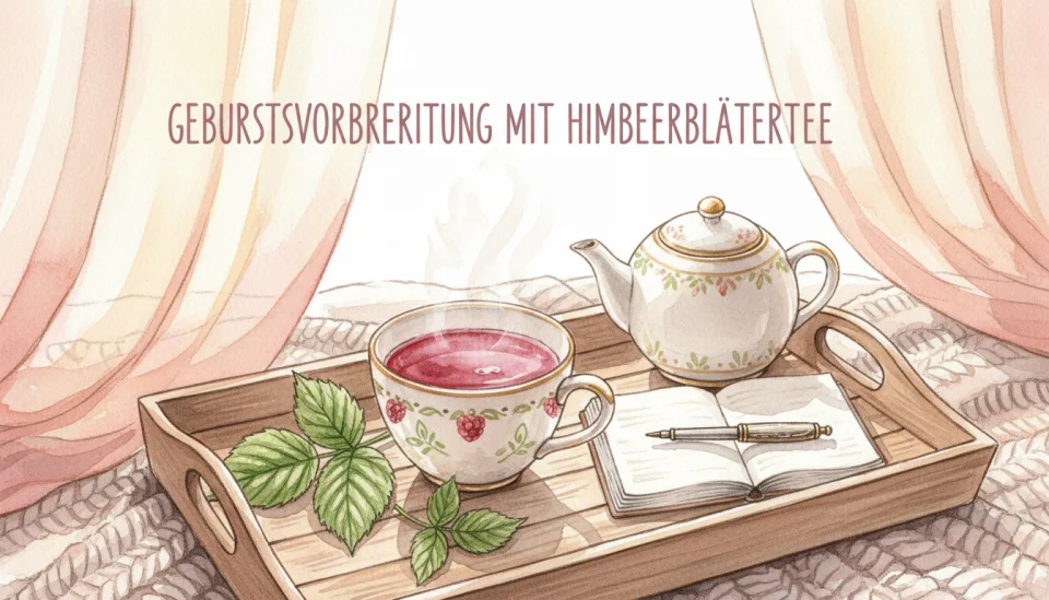 Watercolor illustration showing a cozy self-care ritual scene, a steaming cup of raspberry leaf tea on a wooden tray with fresh raspberry leaves beside it, a small teapot, a journal and pen, soft afternoon light filtering through sheer curtains, warm tones of rose, amber and cream, painted with gentle washes and fine details, the text GEBURTSVORBEREITUNG MIT HIMBEERBLÄTTERTEE elegantly hand-lettered in soft script at the top, peaceful and nurturing atmosphere, medium close-up view, inviting and intimate composition