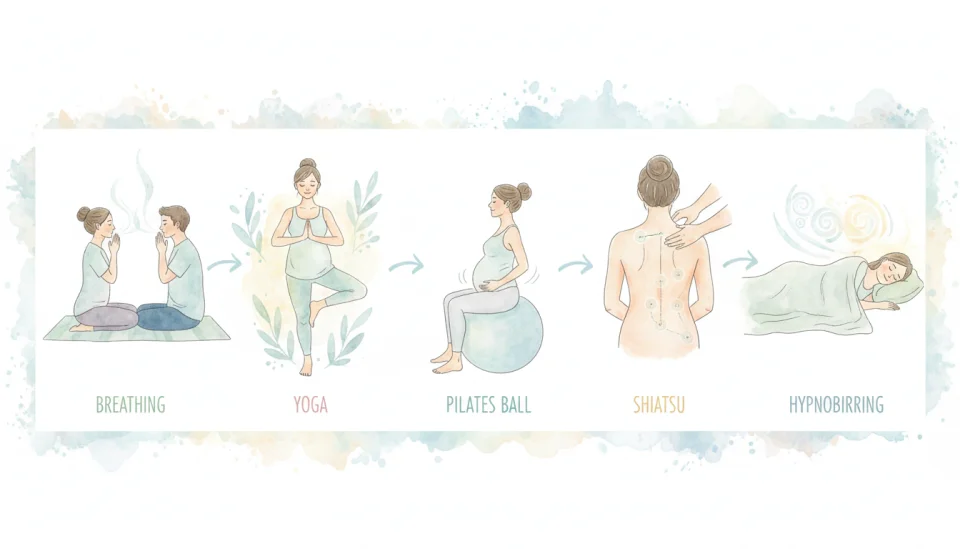 Watercolor illustration showing five distinct panels arranged like a visual guide, each panel represents a different birth preparation method: first panel shows couple practicing breathing, second shows woman in yoga tree pose, third depicts pilates ball exercise, fourth illustrates shiatsu pressure points on back, fifth shows peaceful hypnobirthing meditation, soft pastel color palette with gentle watercolor washes, educational poster style, even lighting, organized composition with subtle arrows connecting panels, informative and calming aesthetic