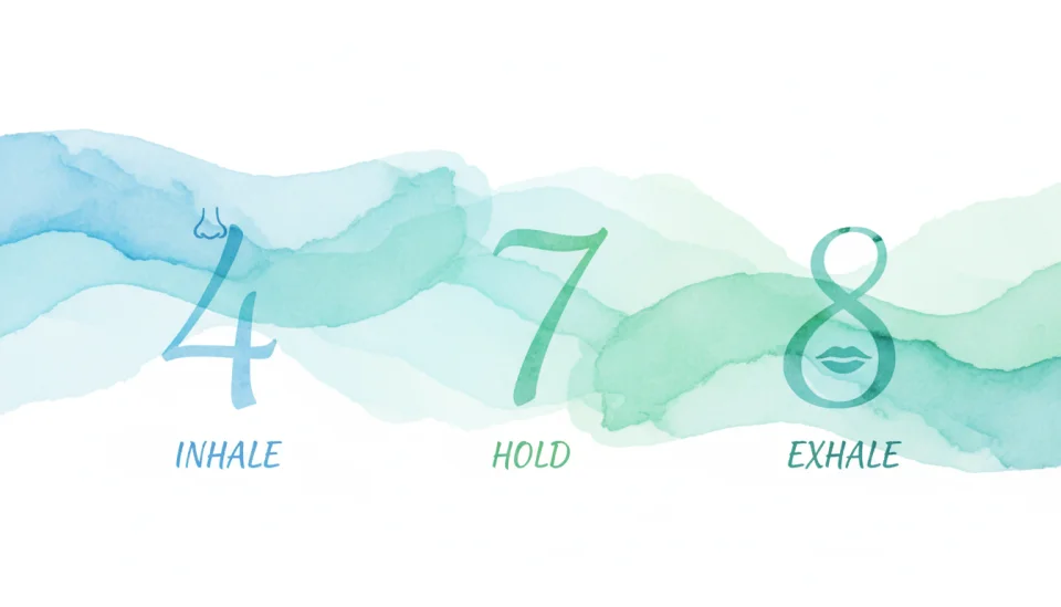 Artistic watercolor infographic showing the 4-7-8 breathing technique visualized as flowing waves of color, three distinct phases illustrated with gentle curves in calming blues and soft greens, numbers 4-7-8 integrated organically into the design, small icons of nose and mouth indicating inhale and exhale, minimalist style with plenty of white space, the composition flows from left to right like a peaceful breath cycle, painted with transparent layers and delicate gradients, educational yet soothing aesthetic