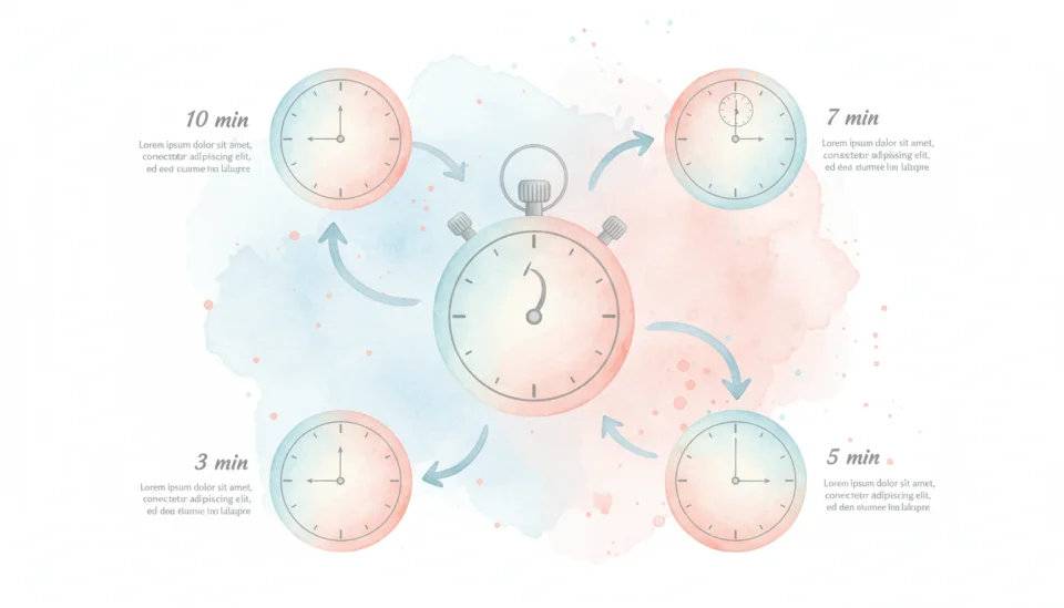 Watercolor infographic illustration showing a simple stopwatch or timer with gentle pastel colors, surrounded by four clock faces displaying different time intervals (10 min, 7 min, 5 min, 3 min) connected by flowing arrows, soft blue and coral tones, educational style with clear visual hierarchy, hand-painted textures, minimal text labels in elegant script, organized layout with breathing space, instructional yet warm aesthetic, flat lay perspective from above