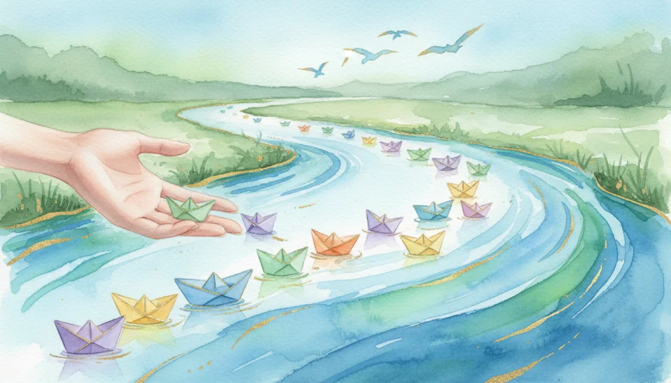 Conceptual watercolor illustration showing a gentle hand releasing colorful paper boats on a flowing stream, representing letting go of rigid plans, soft blues and greens with touches of gold, metaphorical visualization of flexibility and trust in the flow of life, birds-eye view looking down at the water surface, medium depth of field, peaceful and liberating mood, abstract yet relatable, evoking acceptance and adaptability, delicate brushstrokes and flowing water movements