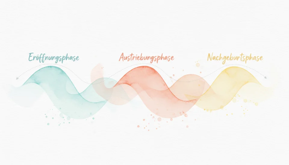 Watercolor infographic-style illustration showing three gentle abstract wave patterns flowing from left to right, each wave labeled in handwritten style: Eröffnungsphase, Austreibungsphase, Nachgeburtsphase, soft gradients from pale blue to warm coral to gentle yellow, delicate dotted lines connecting the phases, minimalist educational design with organic flowing shapes, light and encouraging visual mood, wide horizontal composition