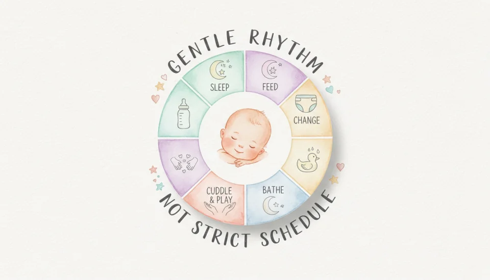 Watercolor infographic illustration showing a gentle daily rhythm wheel for newborn care, divided into soft pastel sections representing different activities throughout 24 hours, with delicate hand-drawn icons: a crescent moon for sleep periods in lavender, a nursing bottle in mint green, a diaper in soft yellow, a bath duck in pale blue, and cuddle time in peachy pink, center shows a sleeping baby illustration, surrounding text in elegant handwritten style reads GENTLE RHYTHM NOT STRICT SCHEDULE, decorated with tiny watercolor stars and hearts, educational yet warm and reassuring visual, painted with transparent washes and fine detail work, flat lay composition with subtle shadows