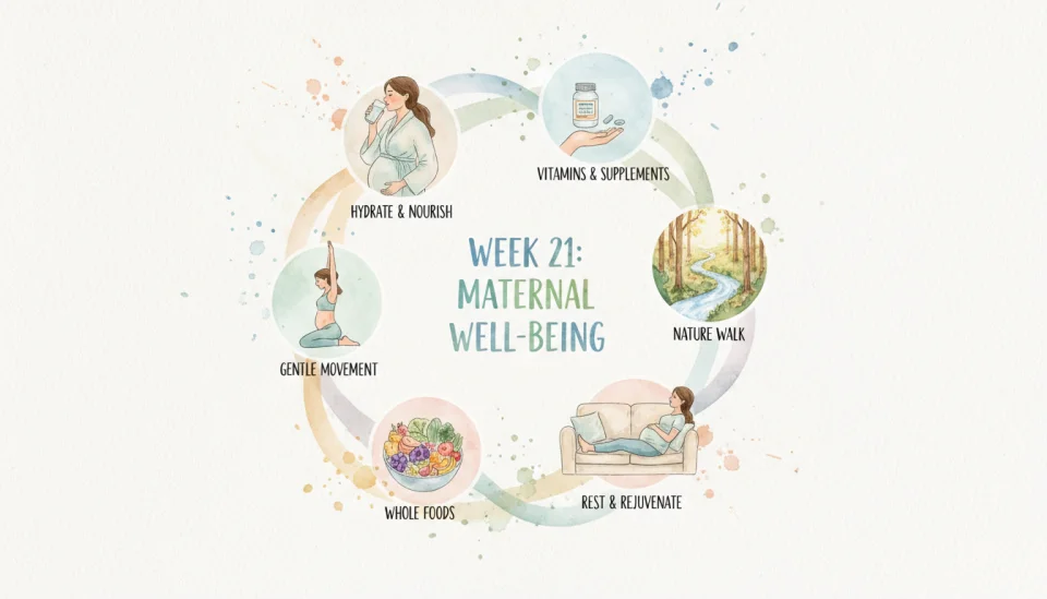 Watercolor infographic-style illustration showing a weekly self-care routine for pregnant women in week 21, arranged in a circular flow with soft hand-lettered labels, featuring small vignettes: woman drinking water, taking vitamins, walking in nature, resting with feet up, gentle stretching, healthy meal, each scene connected by delicate watercolor ribbons in soft blues and greens, warm and encouraging visual style, painted with transparent layers, flat lay perspective, educational yet artistic approach with clear visual hierarchy