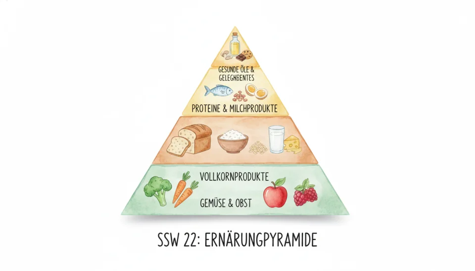 An educational watercolor illustration showing a food pyramid specifically designed for pregnancy week 22. The pyramid has four distinct colorful layers with simple icons and German labels. Bottom layer (largest, green): vegetables and fruits with icons of broccoli, carrots, apples, berries. Second layer (warm brown): whole grains showing bread, rice, oats. Third layer (soft yellow): proteins with fish, eggs, legumes, dairy. Top layer (smallest, golden): healthy oils and occasional treats. Soft pastel colors, hand-drawn style, clean white background, gentle shadows, educational but warm and approachable aesthetic, top-down view, 24mm wide angle feel.