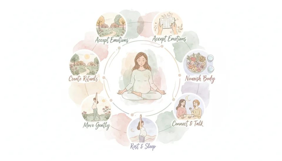 Watercolor infographic illustration in soft pastel tones showing a circular diagram of self-care strategies for pregnant women, central image of a serene pregnant woman meditating, surrounding her are six watercolor vignettes connected by gentle flowing lines depicting different activities: journaling with a notebook, healthy colorful meal, woman sleeping peacefully, two friends talking over tea, gentle yoga pose, and a nature walk scene, each vignette labeled with elegant hand-lettered text in English: Accept Emotions, Rest & Sleep, Nourish Body, Move Gently, Connect & Talk, Create Rituals, soft color palette of sage green blush pink warm cream and lavender, educational yet warm and approachable style, top-down perspective, harmonious balanced composition