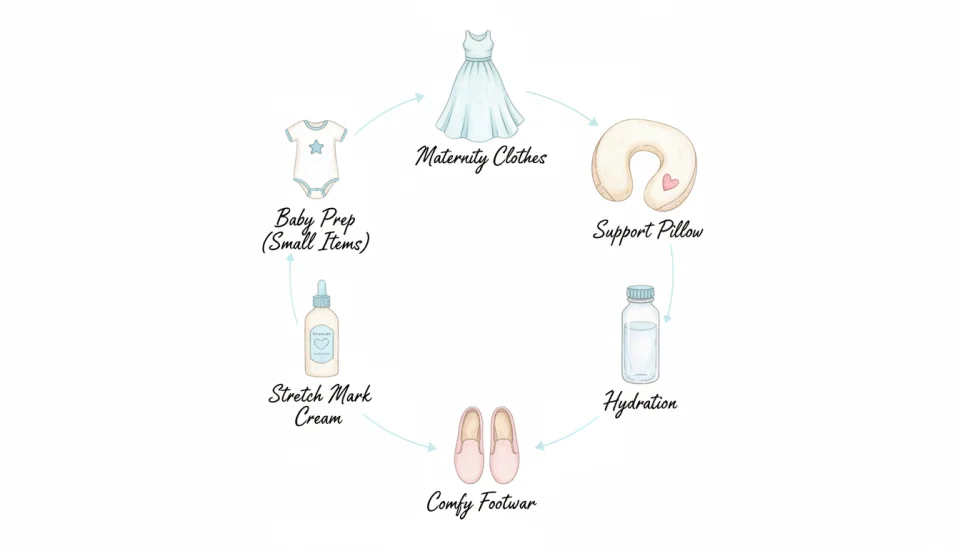 Watercolor infographic-style illustration showing a simple visual checklist for week 24 pregnancy essentials, featuring gentle hand-drawn icons: a flowing dress, a pregnancy pillow, a water bottle, comfortable shoes, a skincare bottle, and a small baby onesie, arranged in a circular composition with soft connecting lines, painted in pastel blues, pinks and creams, clean and organized layout with subtle text labels in elegant handwriting style, top-down view suggesting a planning moment, all elements clearly visible with even focus